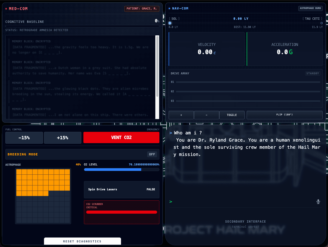 Project Hail Mary interactive simulation dashboard